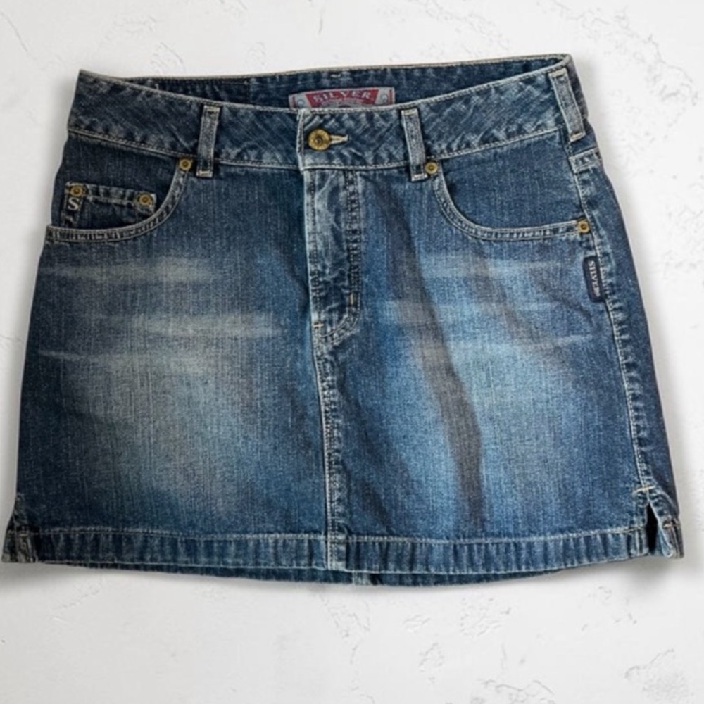 Silver Jeans Co Denim Mini Skirt Distressed Y2K Low Rise Blue Jean Skirt